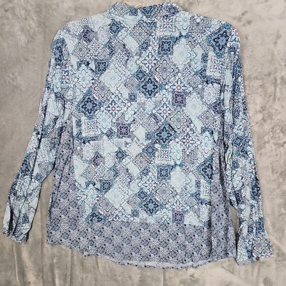 J Jill Blue Geometric Blouse Sz Lg Petite Rayon vneck - Picture 7 of 9